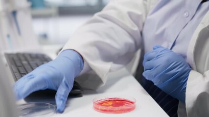 Researcher inspects Petri dish with magnifying glass during lab experiment. Cellular investigation and molecular biology analysis support genetics research and advanced medical science. Camera B. - Powered by Adobe