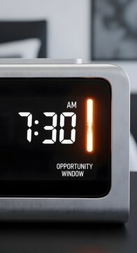 Digital alarm clock showing 730 am with the words opportunity window