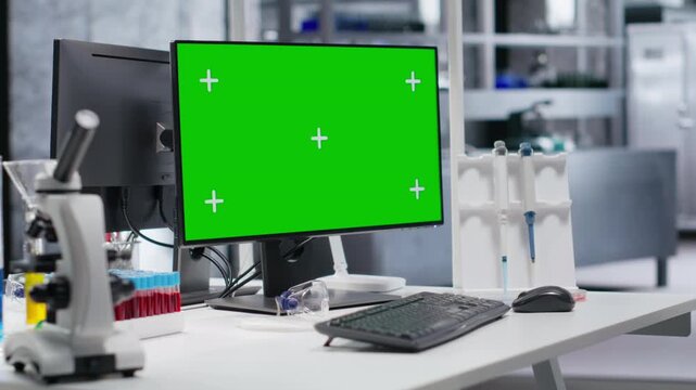 Mockup display on monitor running in empty research facility with advanced lab equipment for molecular analysis and pharmacology. Bioscience setting reflects discovery and scientific precision.
