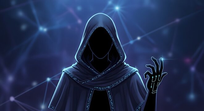 Mysterious hooded figure with glowing robotic hand in a digital network