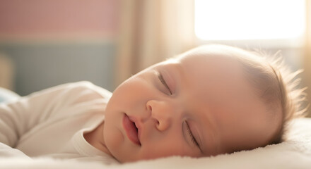 A beautiful newborn baby sleeping soundly on a cozy white blanket, bathed in the warm and gentle glow of morning sunlight