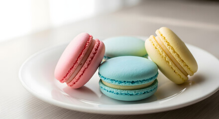 Fototapeta premium Colorful macarons on a white plate, pink, blue and yellow confectionery desserts