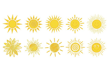 A vibrant collection of ten yellow sun illustrations with different styles and expressions, isolated on transparent background