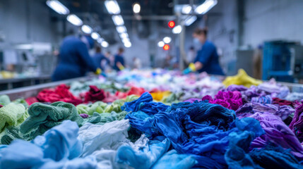 Workers in a textile factory sorting and handling colorful fabric materials for production in a large industrial facility with bright overhead lighting