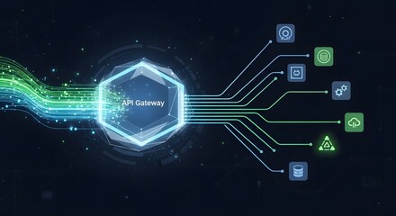 Api gateway concept with hexagonal hub and outgoing data streams