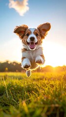 Happy puppy leaps in field at sunset