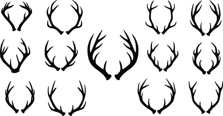 Silhouette deer antler collection, branching variations, zoological illustration, wildlife taxonomy, animal morphology, decorative design, biodiversity reference, nature art