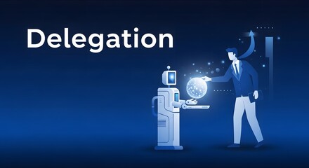 Delegation of tasks businessman directs a robot with a glowing sphere in a futuristic setting