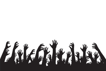 Silhouette of many hands reaching upwards against a transparent background, symbolizing a crowd or uprising