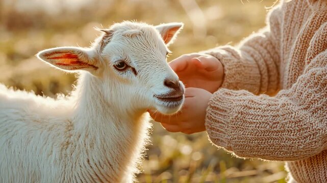 Gentle interaction between child and baby goat in golden sunset light