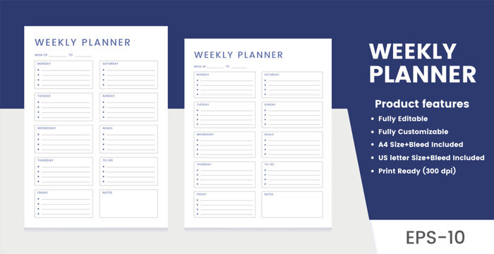 Weekly Planner Template,Printable and Editable Organizer
