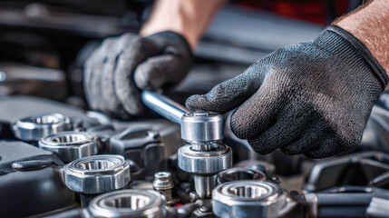 Fototapeta premium Hands wearing protective gloves using a socket wrench to tighten bolts on a car engine during automotive repair and maintenance work under the open hood