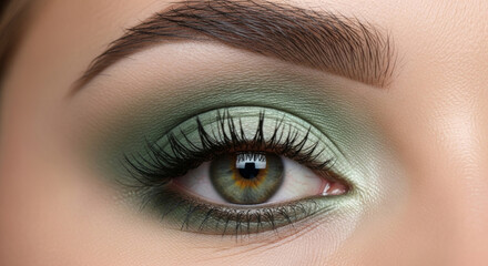 Obraz premium A high-detail, professional close-up photograph of a female eye with perfectly blended sage eyeshadow, showcasing professional makeup artistry