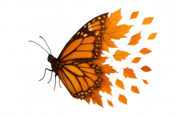 Butterfly with autumn leaves transforming, symbolizing change, season transition, growth, and natural life cycles