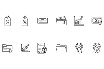 Set of financial and business icons including tags, credit cards, charts, money, documents, and awards, isolated on transparent background