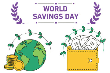 World savings day illustration with globe, coins, and wallet full of money, symbolizing global financial prosperity and saving isolated on transparent background