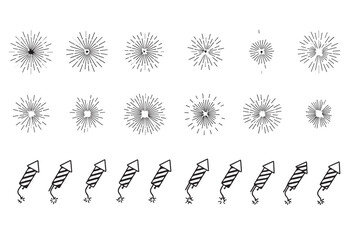 Collection of firework illustrations and rockets isolated on transparent background
