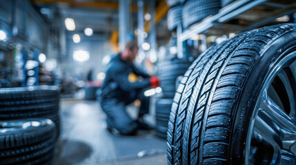 New shiny black tires stacked in an automotive workshop with a mechanic working in the background preparing for vehicle maintenance or tire replacement services