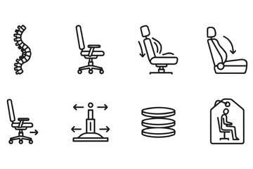 Collection of ergonomic office chair icons and spine health symbols, isolated on transparent background