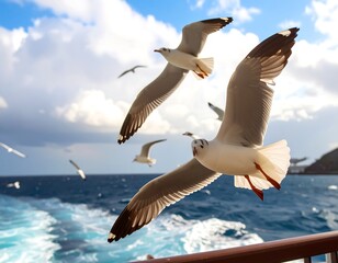 Seagulls soaring over the ocean