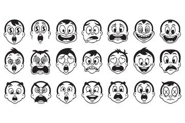 Array of cartoonstyle face icons expressing a wide range of emotions and reactions, isolated on transparent background