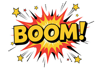 The word boom in bold yellow comic book style lettering with a red and yellow starburst explosion effect, isolated on transparent background