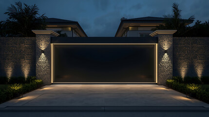 modern residential entrance gate with stone pillars and ambient lighting at night