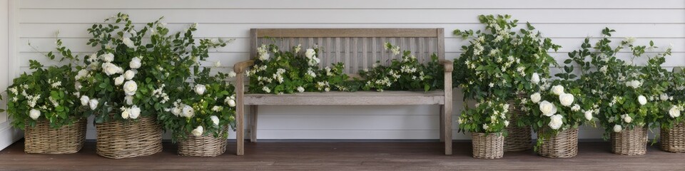 Fototapeta premium Wooden bench with greenery and white flowers in woven baskets porch decoration