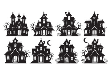 Collection of spooky haunted house silhouettes with full moon and bare trees, perfect for halloween themes isolated on transparent background