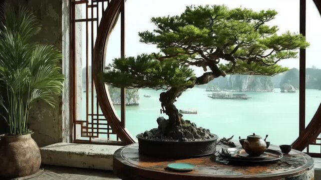Interior scene with bonsai, tea set, and view of a scenic bay with boats from round window