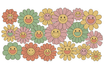 A collection of smiling cartoon flowers in various pastel colors, isolated on transparent background