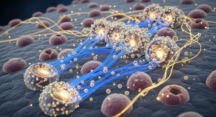 3D of human cells emitting energy. illustration shows particles flowing between cells,  neural activity, data transmission, medical therapy. biotechnology, neuroscience, futuristic healthcare themes.