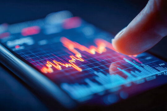 Close-up of a finger interacting with a smartphone screen displaying dynamic financial graphs and data charts in vibrant red and blue colors at night