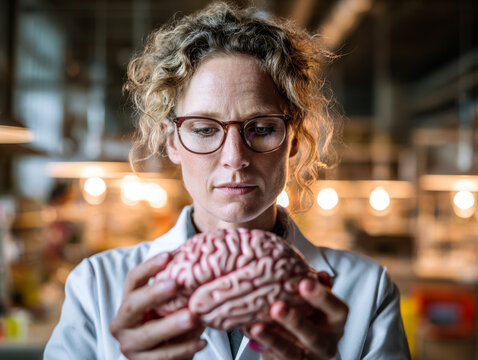 Scientist examining a model of the human brain in a laboratory setting