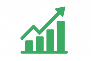 Green bar chart icon showing increasing financial data, achieving business growth and market success, transparent background