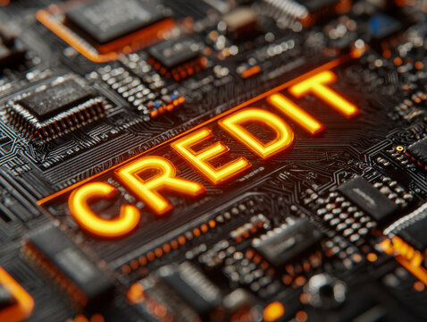 Digital circuit board with illuminated "credit" text in orange