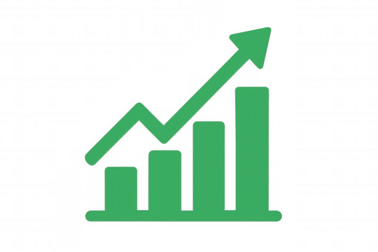 Green bar chart icon showing increasing financial data, achieving business growth and market success, transparent background