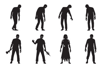 Silhouette collection of various zombie figures in different poses, isolated on transparent background