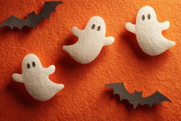 Spooky halloween vibes with bats and ghosts on bright orange canvas. Lifestyle shot. Halloween spectacle of diverse decorations with ample space for greeting. Editorial style.