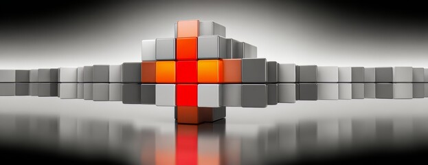 Cube with a red cross on it is surrounded by other cubes. The cubes are all different sizes