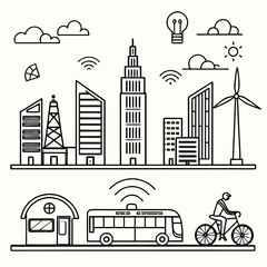 Illustration of a modern city skyline with buildings, transportation, and renewable energy sources shown