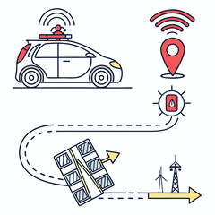 Autonomous vehicle driving on a road with gps location and renewable energy sources shown in the image