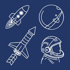 Illustration of two rockets, a planet, and an astronaut helmet on a dark blue background design art