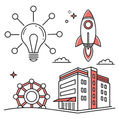 Illustration of a light bulb with nodes, rocket, ferris wheel, and building in a simple line art style