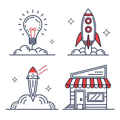 Illustration of a lightbulb rocket ships and a store front with red and black outlines on a white background