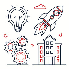Illustration showing lightbulb, rocket, gears, building, and stars on a white background design style