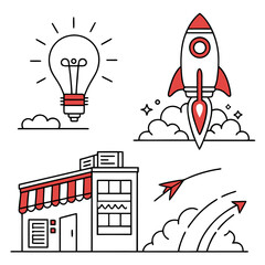 Illustration of a lightbulb, rocket, shop, and arrow with clouds in a linear red and black style