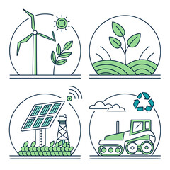 Four circular icons depicting sustainable practices including wind power solar energy and recycling method