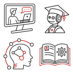 Illustrations depicting online learning ai education human mind and book knowledge with red accents