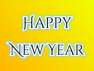 Happy New Year Typography with White Decorative Font and Blue Outline on Yellow to Orange Gradient Background for Festive Greeting Cards and Commercial Design Projects